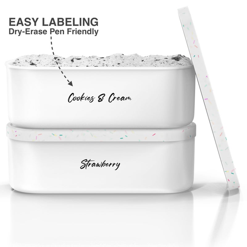 BALCI Ice Cream Containers - 2 Quart Ea. (Set of 2) - Premium Reusable Freezer Storage for Homemade Ice Cream Tub for Sorbet  Frozen Yogurt - Flexible Silicone Lids  Long Scoop - White With Sprinkles - Image 2