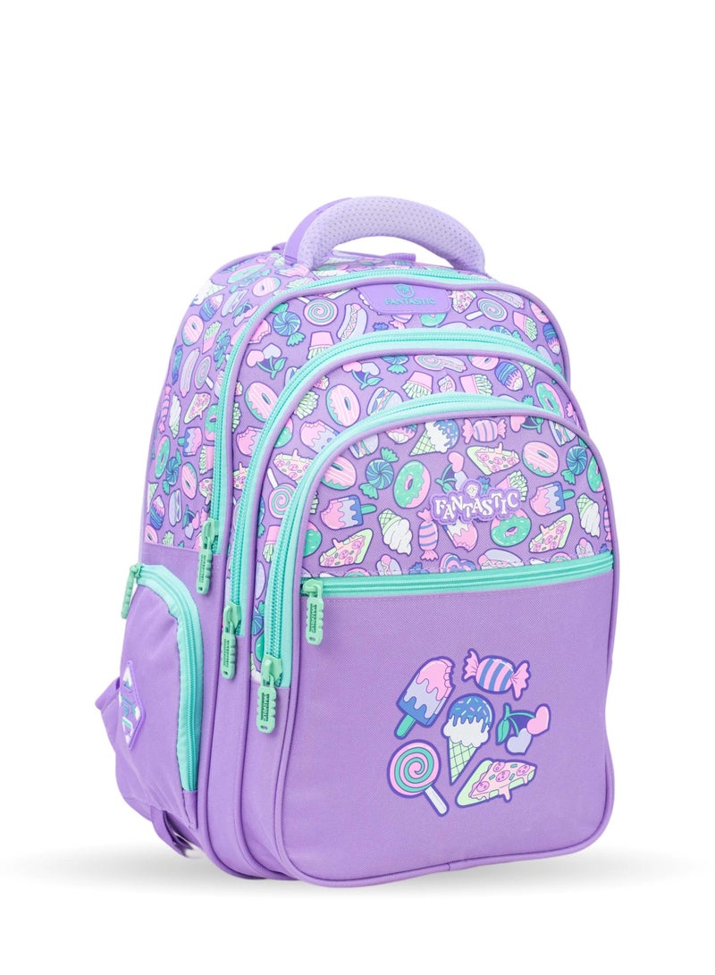 Fantastic Fantastic School Backpack, Sweets Design, Purple with Light Blue, Multiple Zippers QY002  - Image 1