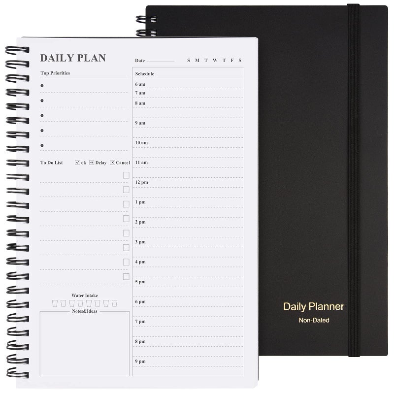 ASTEN Daily Planner Undated, Asten To Do List Notebook Hourly Schedules Spiral Appointment Planner for Men and Women,PVC Hardcover,Elastic Closure, Inner Pocket 8.3" x 5.8" (Black) - Image 1