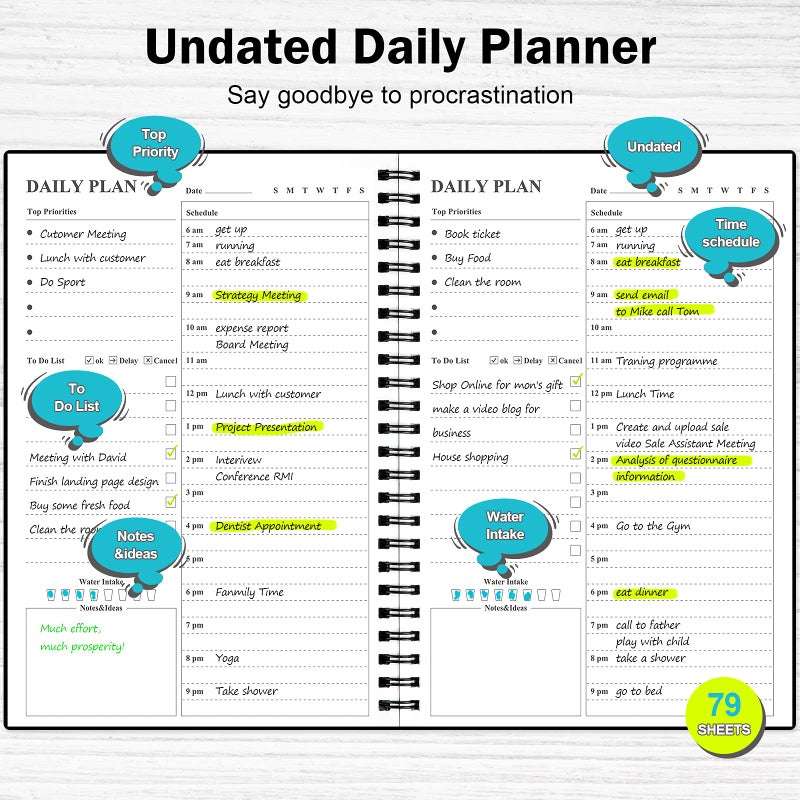 ASTEN Daily Planner Undated, Asten To Do List Notebook Hourly Schedules Spiral Appointment Planner for Men and Women,PVC Hardcover,Elastic Closure, Inner Pocket 8.3" x 5.8" (Black) - Image 2