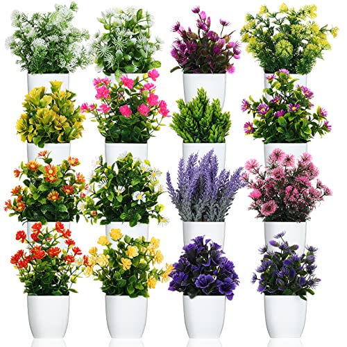 Cindeer 16 Pcs Small Fake Plants Artificial Potted Plants Faux House Plant Mini Pot Plastic Flowers for Indoor Outdoor Home Kitchen Office Desktop Wedding Decor - Image 1