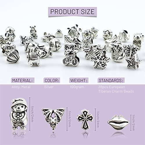 JIALEEY Wholesale Bulk Mix Tibetan Silver Tone Color Spacer Loose Beads Fit European Charm Bracelet Lot for Jewelry Making Findings DIY, 100Gram/38 Pcs - Image 2