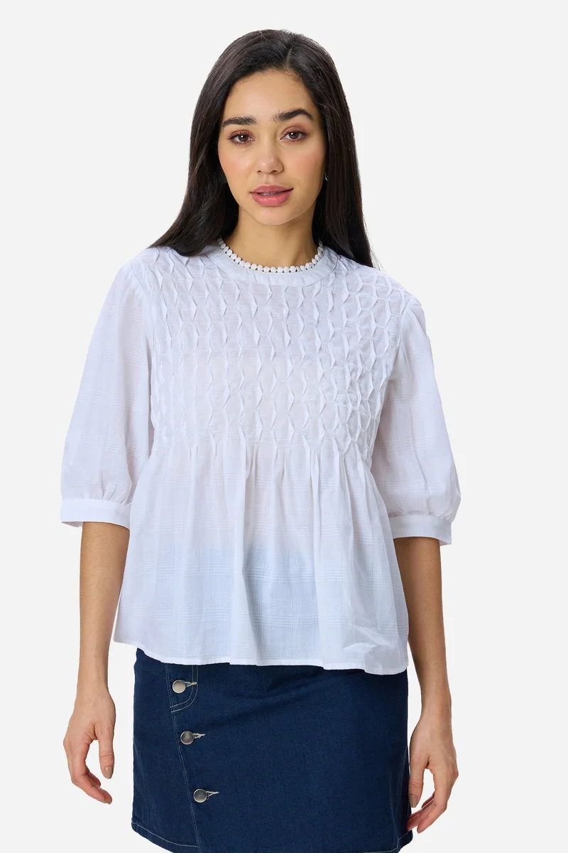 Virgio Solid Cotton Tuck & Lace Detail Flared Top for Women