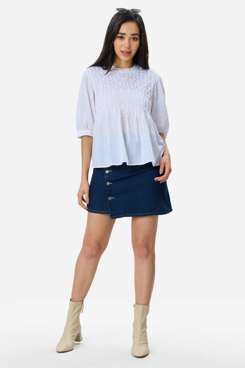 فيرجيو Solid Cotton Tuck & Lace Detail Flared Top for Women