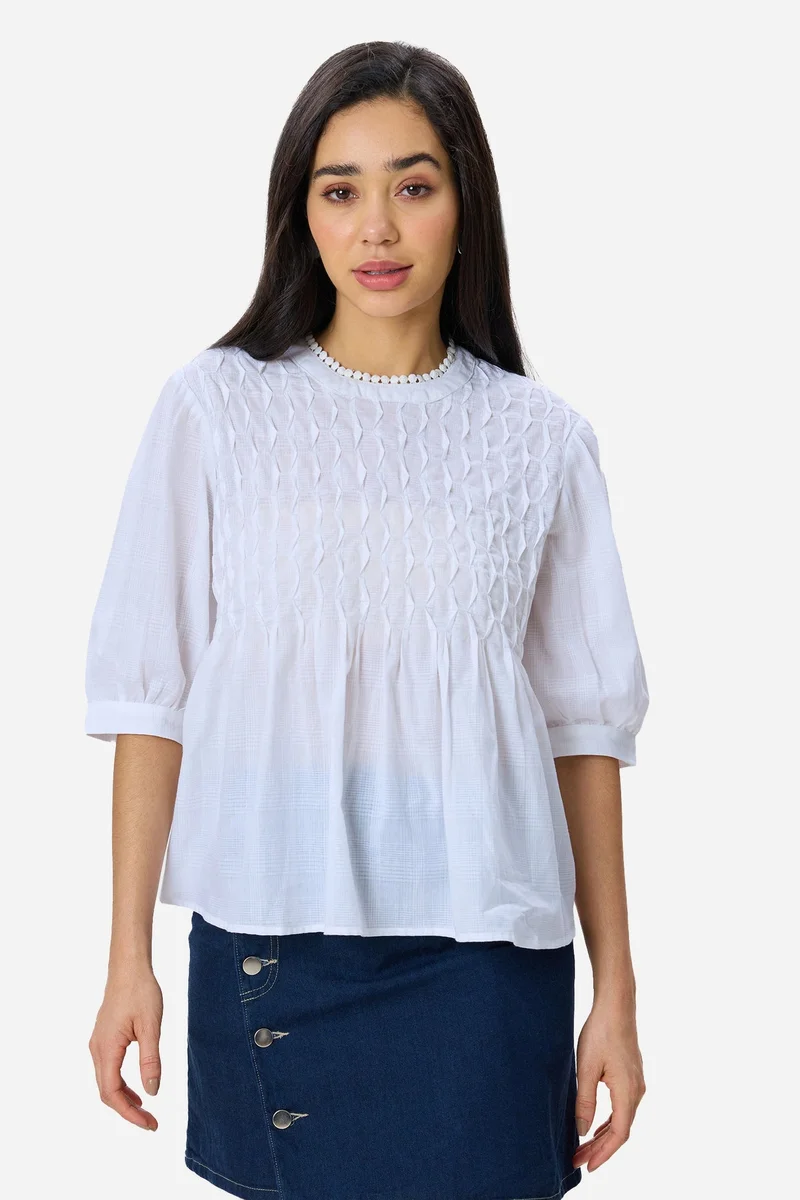فيرجيو Solid Cotton Tuck & Lace Detail Flared Top for Women