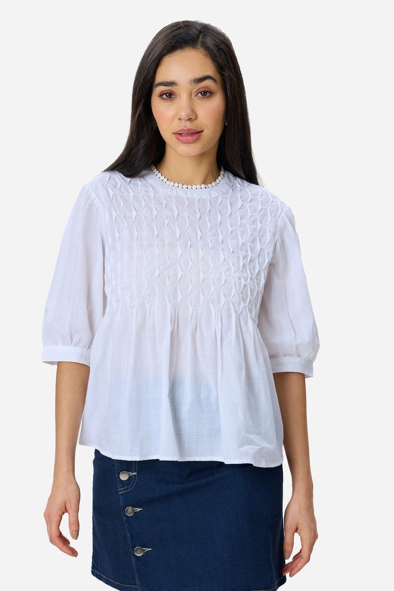 Virgio Solid Cotton Tuck & Lace Detail Flared Top for Women - Image 1