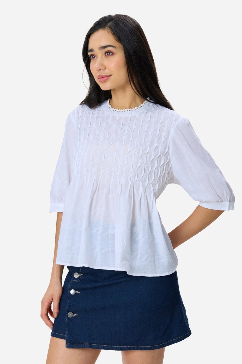 Virgio Solid Cotton Tuck & Lace Detail Flared Top for Women - Image 3