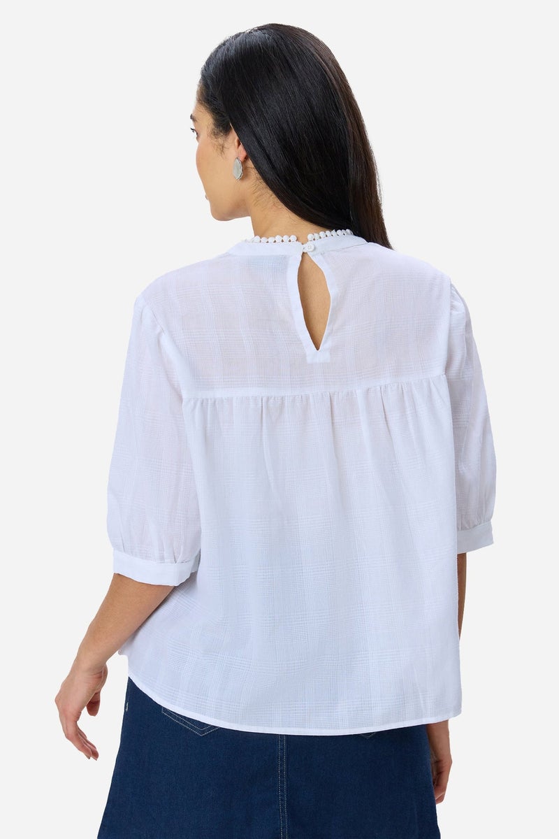 Virgio Solid Cotton Tuck & Lace Detail Flared Top for Women - Image 5