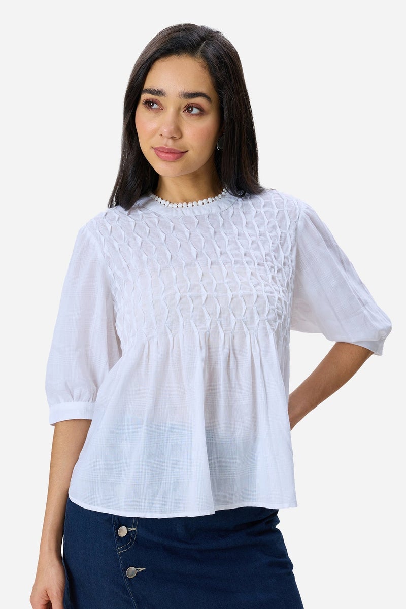 Virgio Solid Cotton Tuck & Lace Detail Flared Top for Women - Image 4