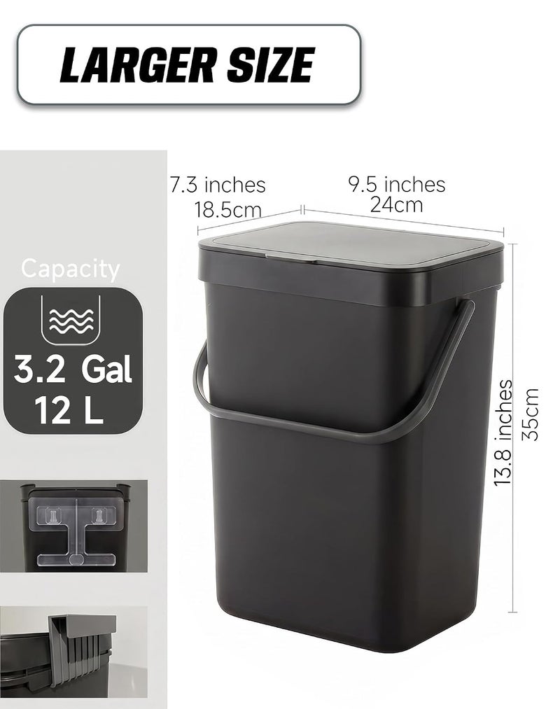 MONGTINGLU 3.2 Gallons Hanging Trash Can with Slide Lid - Kitchen Compost Bin, Under Sink Trash Can, Garbage Can for Bathroom, Compost Bucket Outdoor Indoor, 12L(Black) - Image 2