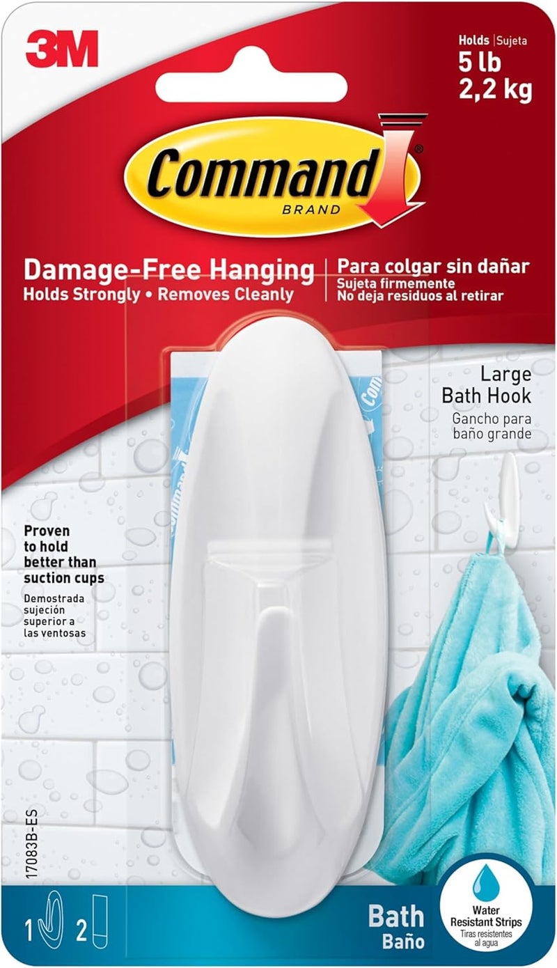 Command Designer Bath Hook Large White 1-Hook with Water-Resistant Strips (17083B-ES) Organize Your Dorm - Image 1