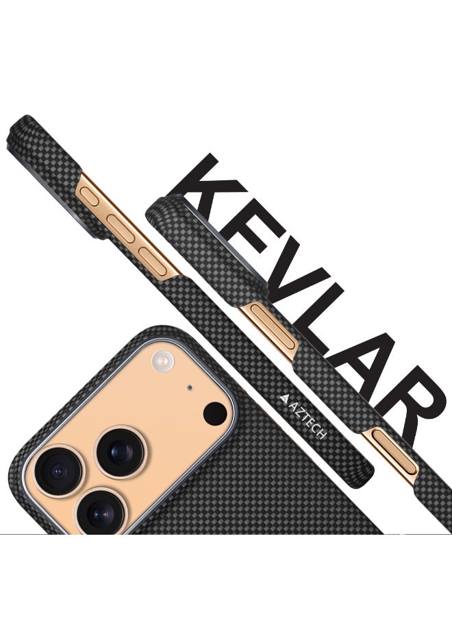أزتك غطاء أراميد فاخر كيفلار لهاتف آيفون 17 برو باللون الأسود تصميم نحيف وخفيف للغاية مقاوم للصدمات حماية عسكرية متوافق مع MagSafe سطح مطفي مقاوم لبصمات الأصابع حواف مرتفعة للكاميرا والشاشة ملمس مانع للانزلاق فتحات دقيقة وأزرار لمسية دعم الشحن اللاسلكي كفر عملي للجيب - Image 3