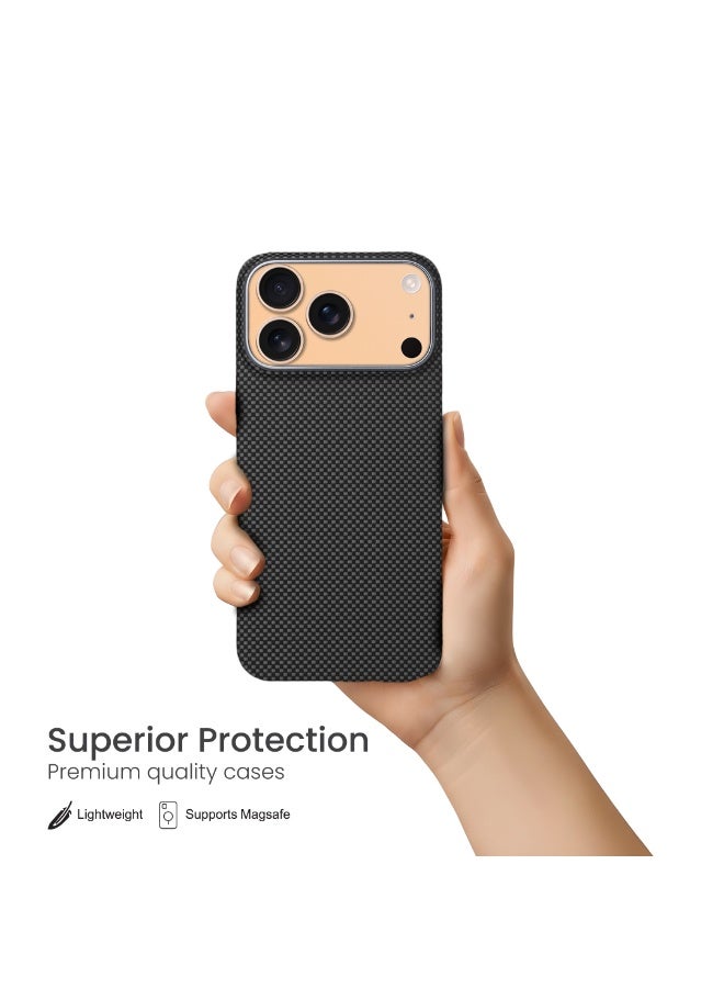أزتك غطاء أراميد فاخر كيفلار لهاتف آيفون 17 برو باللون الأسود تصميم نحيف وخفيف للغاية مقاوم للصدمات حماية عسكرية متوافق مع MagSafe سطح مطفي مقاوم لبصمات الأصابع حواف مرتفعة للكاميرا والشاشة ملمس مانع للانزلاق فتحات دقيقة وأزرار لمسية دعم الشحن اللاسلكي كفر عملي للجيب - Image 5