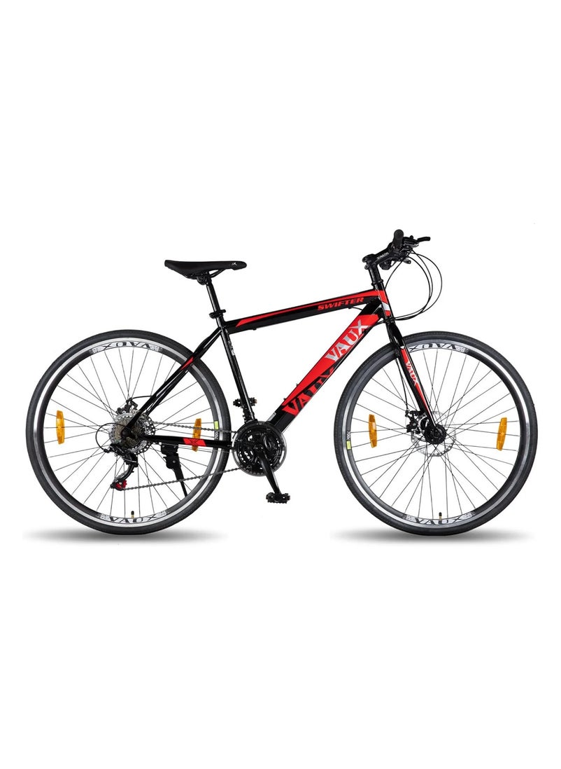 Vaux دراجة Vaux Swifter-Pro الهجينة للرجال مع فرامل قرصية مزدوجة - دورة تروس 21 سرعة مع إطار فولاذي Hi-Ten - إطارات معدنية ودورة إطارات رفيعة 700Cx35 - دراجة للبالغين من الفئة العمرية 15 عامًا فما فوق - أسود  - Image 1