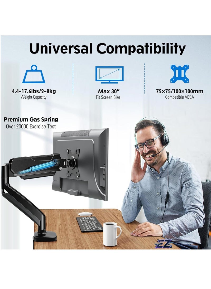 ELTRAZONE Single Monitor Mount Stand, Fully Adjustable Monitor Arm with Gas Spring, Monitor Desk Mount for 17-32 Inch Computer Screen with Clamp, Grommet Base, Fit VESA 75x75&100x100, Black  - Image 2