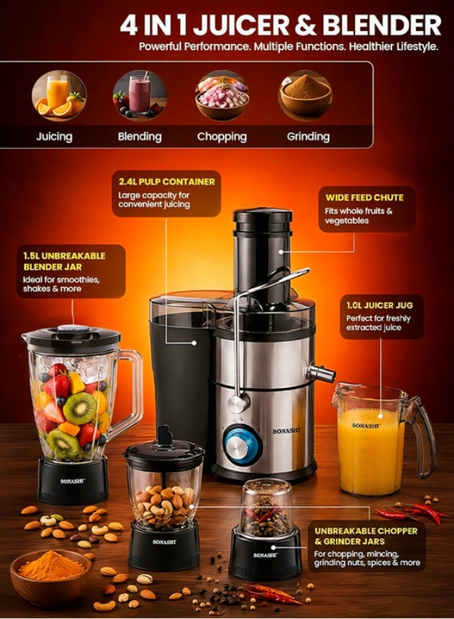 سوناشي خلاط وعصارة 4 في 1 مع وعاء وقطاعة غير قابلة للكسر ومطحنة 800 W SJB-401 أسود/ فضي - Image 3