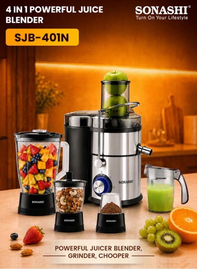 سوناشي خلاط وعصارة 4 في 1 مع وعاء وقطاعة غير قابلة للكسر ومطحنة 800 W SJB-401 أسود/ فضي - Image 1