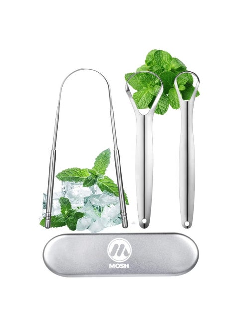 Tongue Scraper for Adults - 3 Pack Stainless Steel Oral Care Set with Travel Case – Fresh Breath & Hygiene