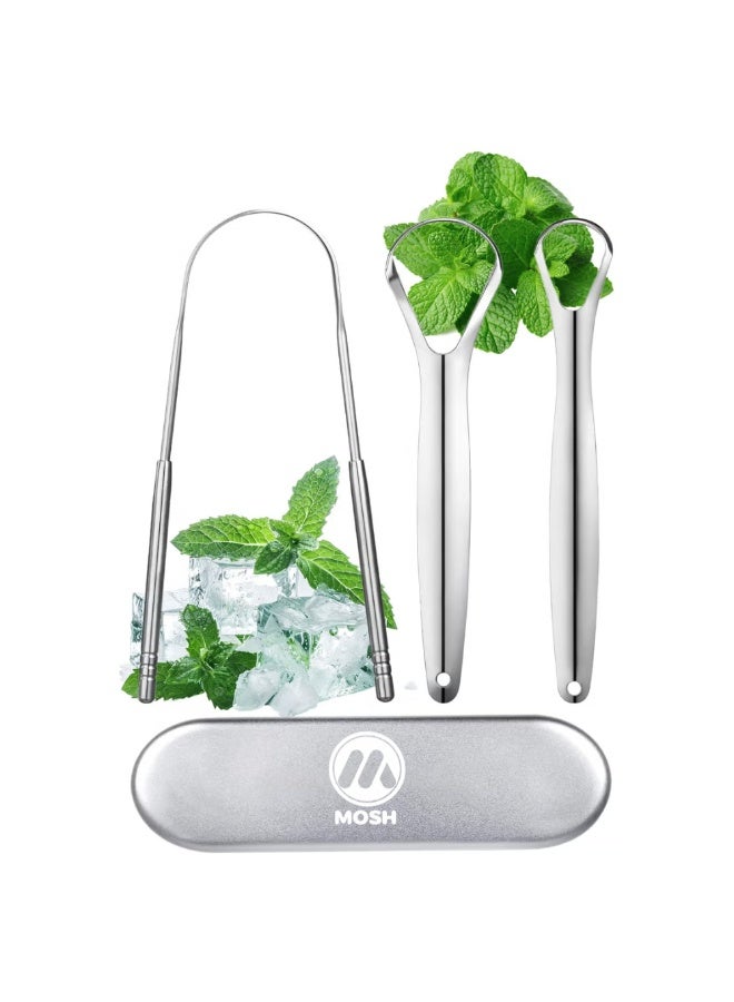 MOSH Tongue Scraper for Adults - 3 Pack Stainless Steel Oral Care Set with Travel Case – Fresh Breath & Hygiene - Image 1