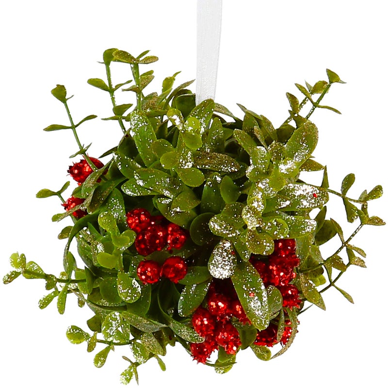 Ornativity Mistletoe Glitter Hanging Ornament - Christmas Mistletoe Kissing Ball with Red Berries Holiday Kiss Xmas Decoration for Doorway Arch Light Fixture 5"" - Image 1
