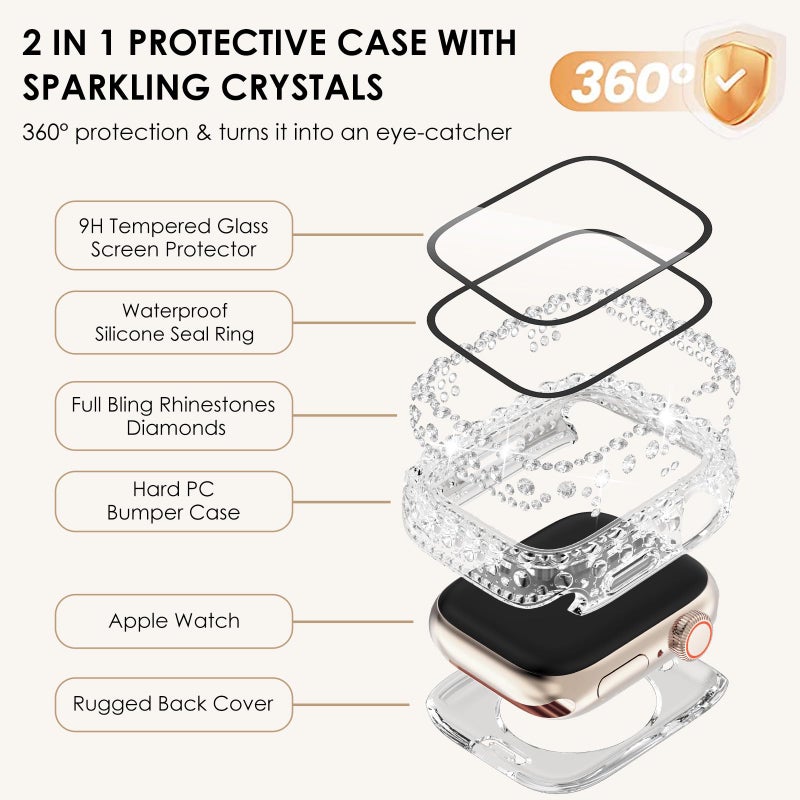 WINGLE 2 in 1 Waterproof Case for Apple Watch 45mm Screen Protector Case Series 9 8 7, Bling Lace Edge Diamond Face Cover Full Glitter Rhinestone Protective Bumper for iWatch Women, 45 mm Clear - Image 2