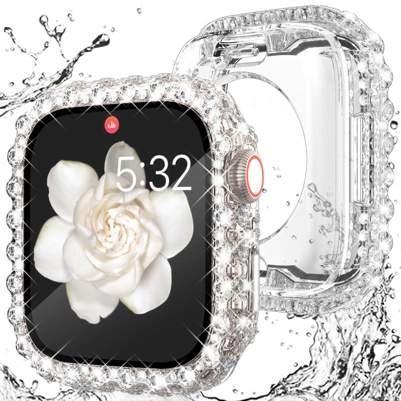 WINGLE 2 in 1 Waterproof Case for Apple Watch 45mm Screen Protector Case Series 9 8 7, Bling Lace Edge Diamond Face Cover Full Glitter Rhinestone Protective Bumper for iWatch Women, 45 mm Clear - Image 1