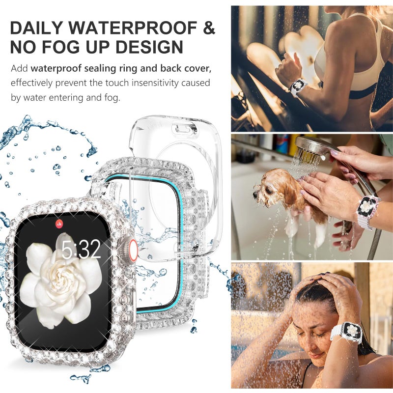 WINGLE 2 in 1 Waterproof Case for Apple Watch 45mm Screen Protector Case Series 9 8 7, Bling Lace Edge Diamond Face Cover Full Glitter Rhinestone Protective Bumper for iWatch Women, 45 mm Clear - Image 3