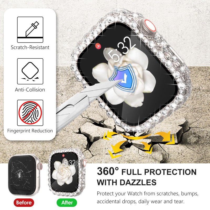 WINGLE 2 in 1 Waterproof Case for Apple Watch 45mm Screen Protector Case Series 9 8 7, Bling Lace Edge Diamond Face Cover Full Glitter Rhinestone Protective Bumper for iWatch Women, 45 mm Clear - Image 4