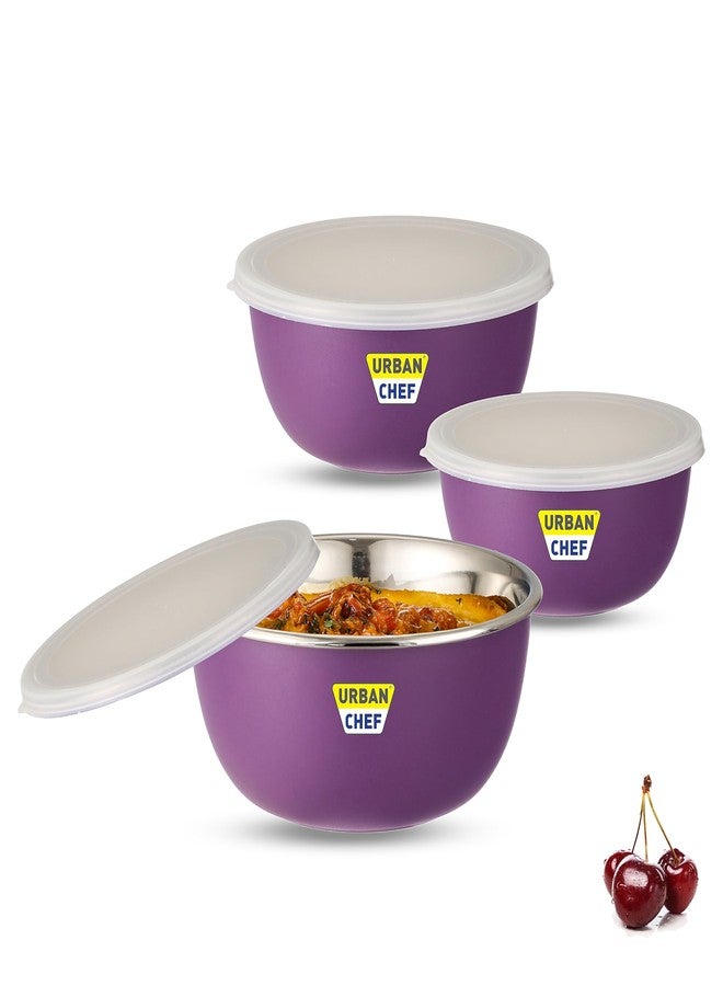URBAN CHEF Mixing Bowl Set of 3 Stainless Steel (500ml, 800ml,1250ml) | Microwave Safe & Dishwasher Safe | Bowl Set with Lid for Gift | Bowls for Snacks | Serving Bowls Kitchen Accessories -Purple - Image 1