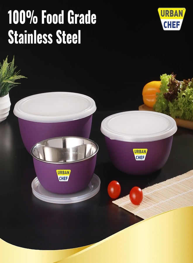 URBAN CHEF Mixing Bowl Set of 3 Stainless Steel (500ml, 800ml,1250ml) | Microwave Safe & Dishwasher Safe | Bowl Set with Lid for Gift | Bowls for Snacks | Serving Bowls Kitchen Accessories -Purple - Image 4