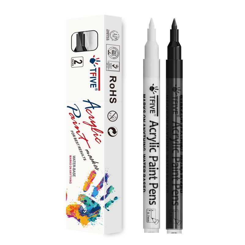 TFIVE White&Black Paint Marker Pens - 2 Pack Acrylic Permanent Marker, 0.7mm Extra Fine Tip Paint Pen for Art Projects, Drawing, Rock Painting, Ceramic, Glass, Wood, Plastic, Metal, Canvas DIY Crafts - Image 1
