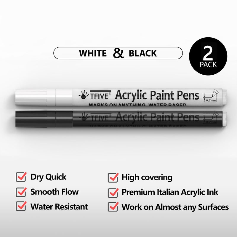 TFIVE White&Black Paint Marker Pens - 2 Pack Acrylic Permanent Marker, 0.7mm Extra Fine Tip Paint Pen for Art Projects, Drawing, Rock Painting, Ceramic, Glass, Wood, Plastic, Metal, Canvas DIY Crafts - Image 2
