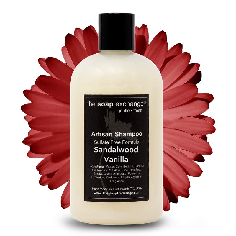 The Soap Exchange Hair Shampoo Sandalwood Vanilla Scent Hand Crafted 12 fl oz 354 ml Natural Artisan Hair Care Gentle Sulfate Paraben Free Cleanse Moisturize Protect Made in the USA