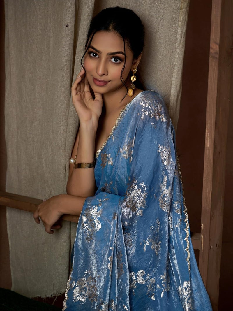 SAREE MALL Women's Blue Pure Silk Foil Printed Saree With Unstitched Blouse (MAHEK1012C_MK) - Image 5
