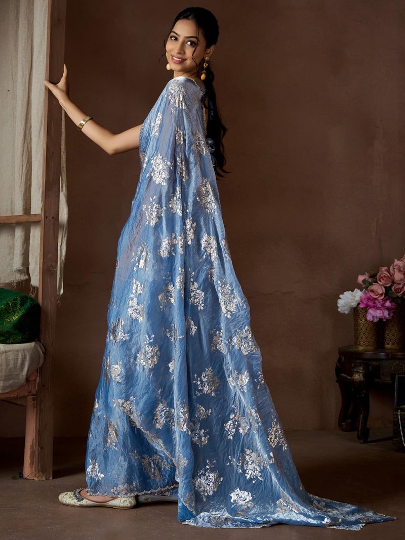 SAREE MALL Women's Blue Pure Silk Foil Printed Saree With Unstitched Blouse (MAHEK1012C_MK) - Image 4