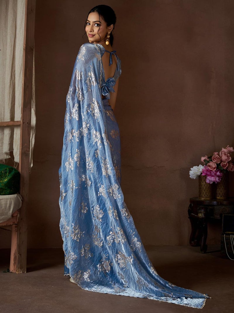 SAREE MALL Women's Blue Pure Silk Foil Printed Saree With Unstitched Blouse (MAHEK1012C_MK) - Image 2