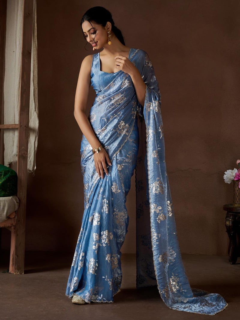 SAREE MALL Women's Blue Pure Silk Foil Printed Saree With Unstitched Blouse (MAHEK1012C_MK) - Image 3
