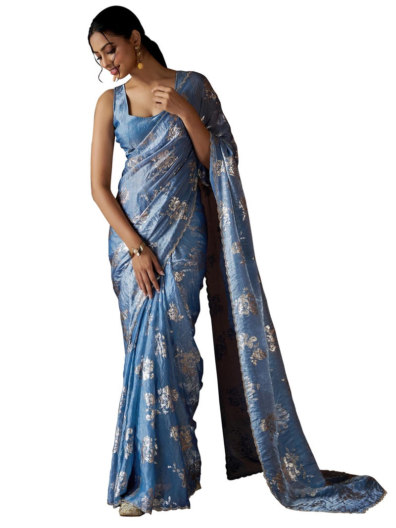 SAREE MALL Women's Blue Pure Silk Foil Printed Saree With Unstitched Blouse (MAHEK1012C_MK) - Image 1