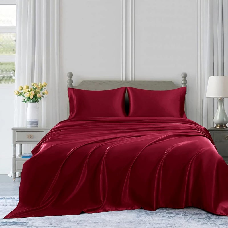 Homiest 4pcs Satin Sheets Set Luxury Silky Satin Bedding Set with Deep Pocket, 1 Fitted Sheet + 1 Flat Sheet + 2 Pillowcases (Queen Size, Burgundy) - Image 3