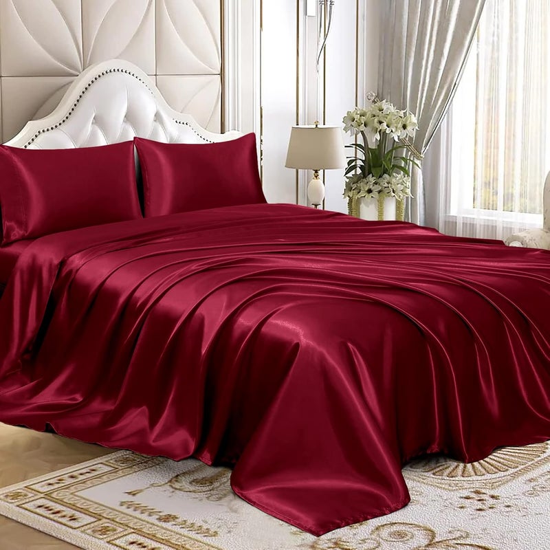 Homiest 4pcs Satin Sheets Set Luxury Silky Satin Bedding Set with Deep Pocket, 1 Fitted Sheet + 1 Flat Sheet + 2 Pillowcases (Queen Size, Burgundy) - Image 1