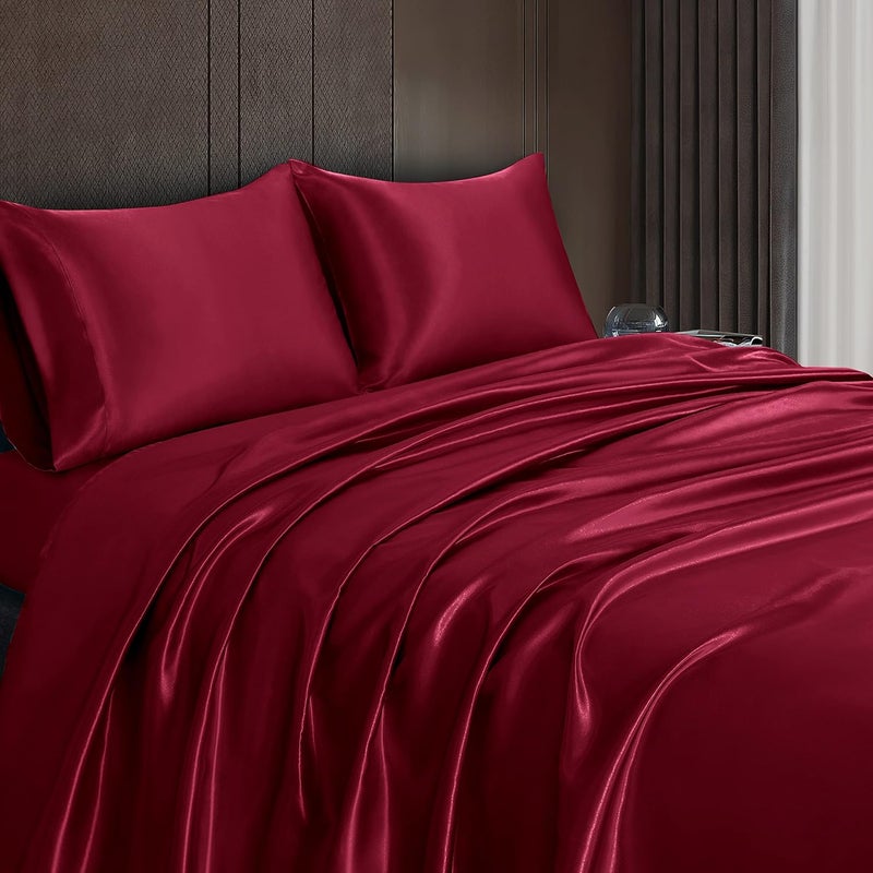 Homiest 4pcs Satin Sheets Set Luxury Silky Satin Bedding Set with Deep Pocket, 1 Fitted Sheet + 1 Flat Sheet + 2 Pillowcases (Queen Size, Burgundy) - Image 4