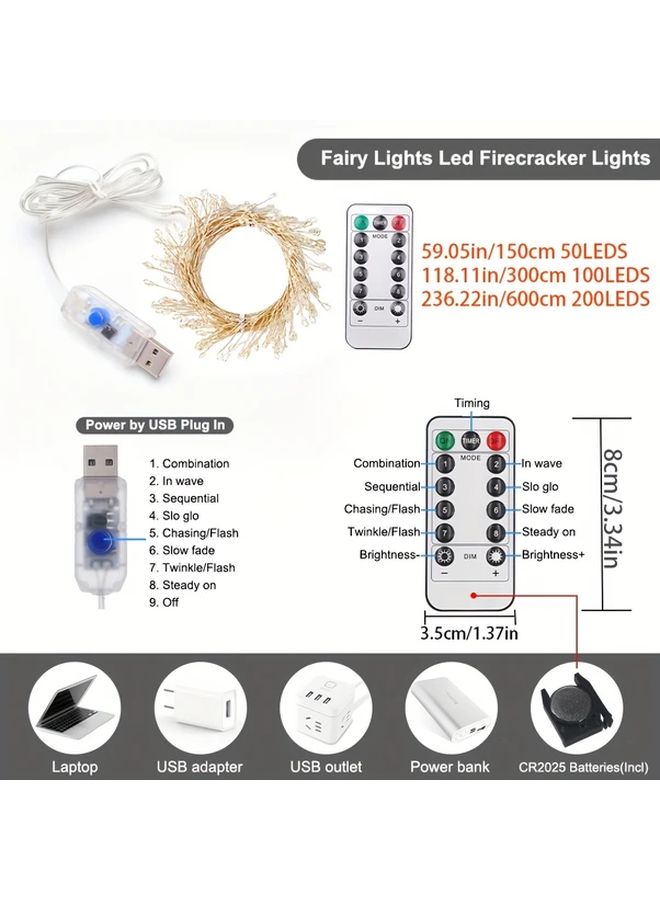 USB Powered Fairy LED String Lights 50 LEDs Warm White 8 Modes Timer Remote - Image 2