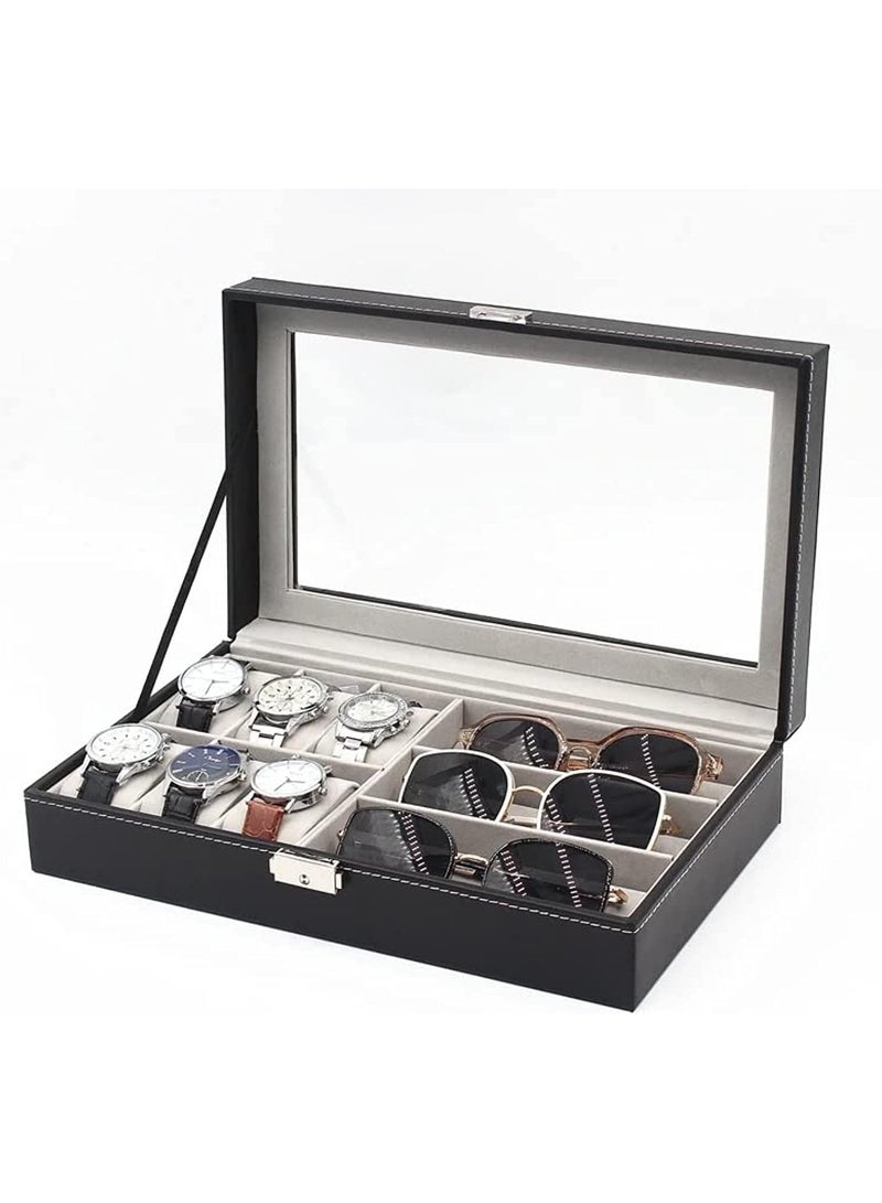 Multifunctional 6-Slot Watch Box, 3-Slot Watch Case, Eyeglass Storage Organizer, Lockable Display Box with Multi-Color Glass - Image 5