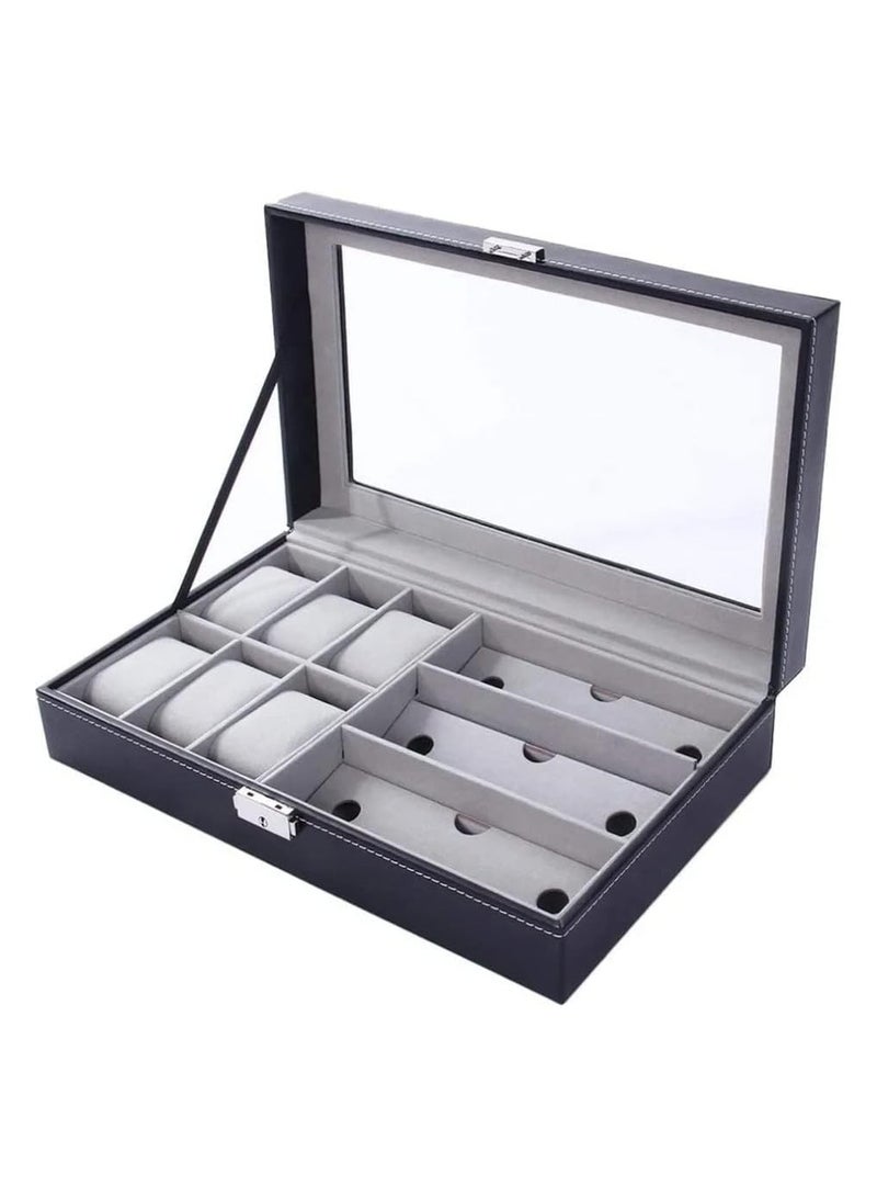 Multifunctional 6-Slot Watch Box, 3-Slot Watch Case, Eyeglass Storage Organizer, Lockable Display Box with Multi-Color Glass - Image 1