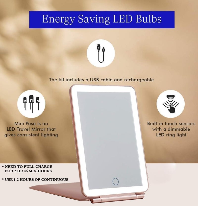 مراة  للمكياج قابلة لاعادة الشحن  مع اضواء LED، مراة تجميل محمولة مضيئة بـ3 الوان وشاشة تعمل باللمس - Image 5