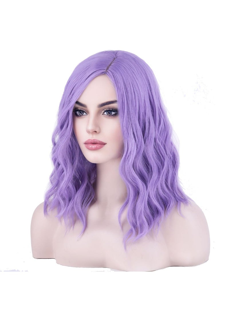 BERON BERON Purple Wig Short Wave Bob Wig Lavender Purple Short Curly Wig Purple Wigs for Women Girls Wig Cap Include 