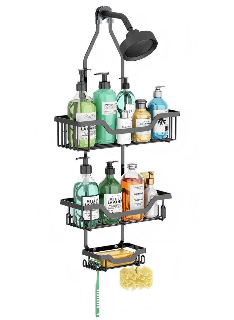 Hanging Shower Caddy, Anti-Swing Shower Organizer with 10 Hooks, Stainless Steel Shower Shelves, over the Shower Head Bathroom Storage (Matte Black) - Image 1
