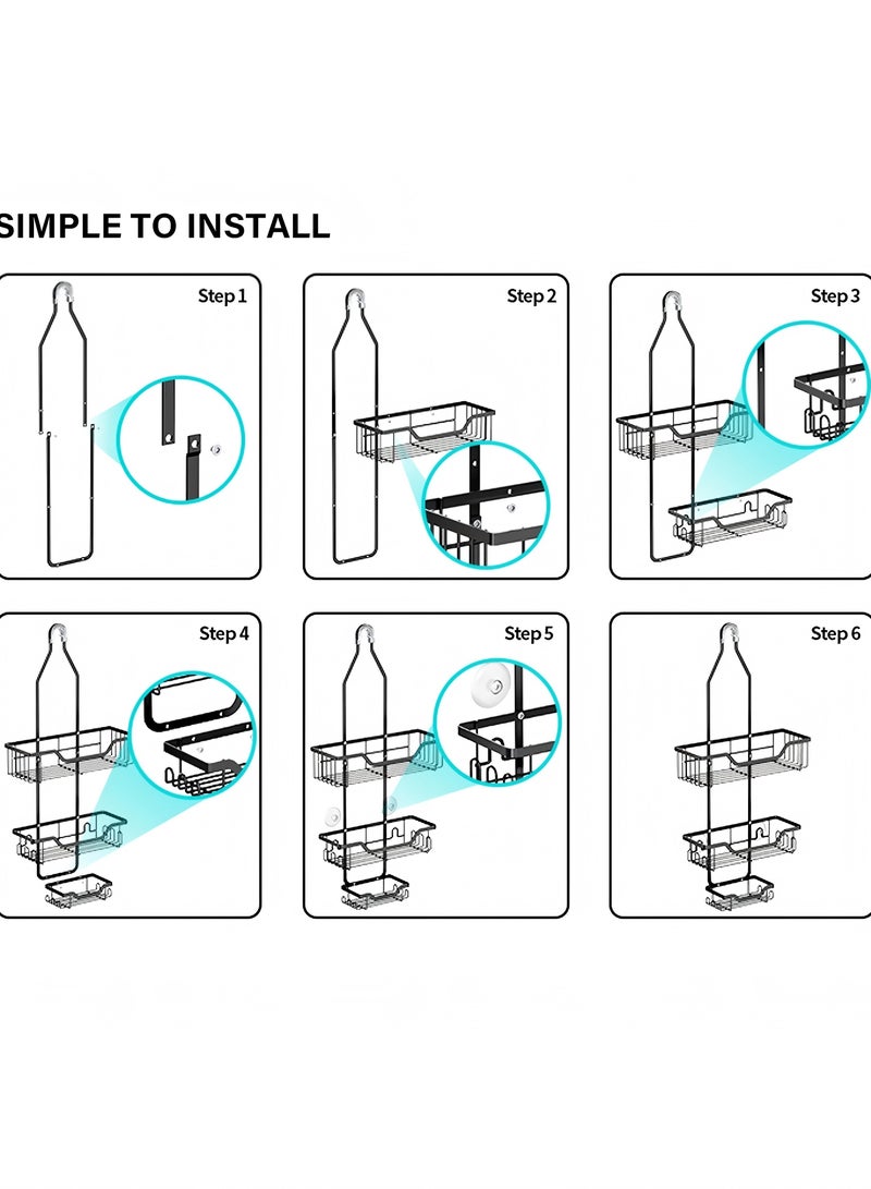 Hanging Shower Caddy, Anti-Swing Shower Organizer with 10 Hooks, Stainless Steel Shower Shelves, over the Shower Head Bathroom Storage (Matte Black) - Image 2