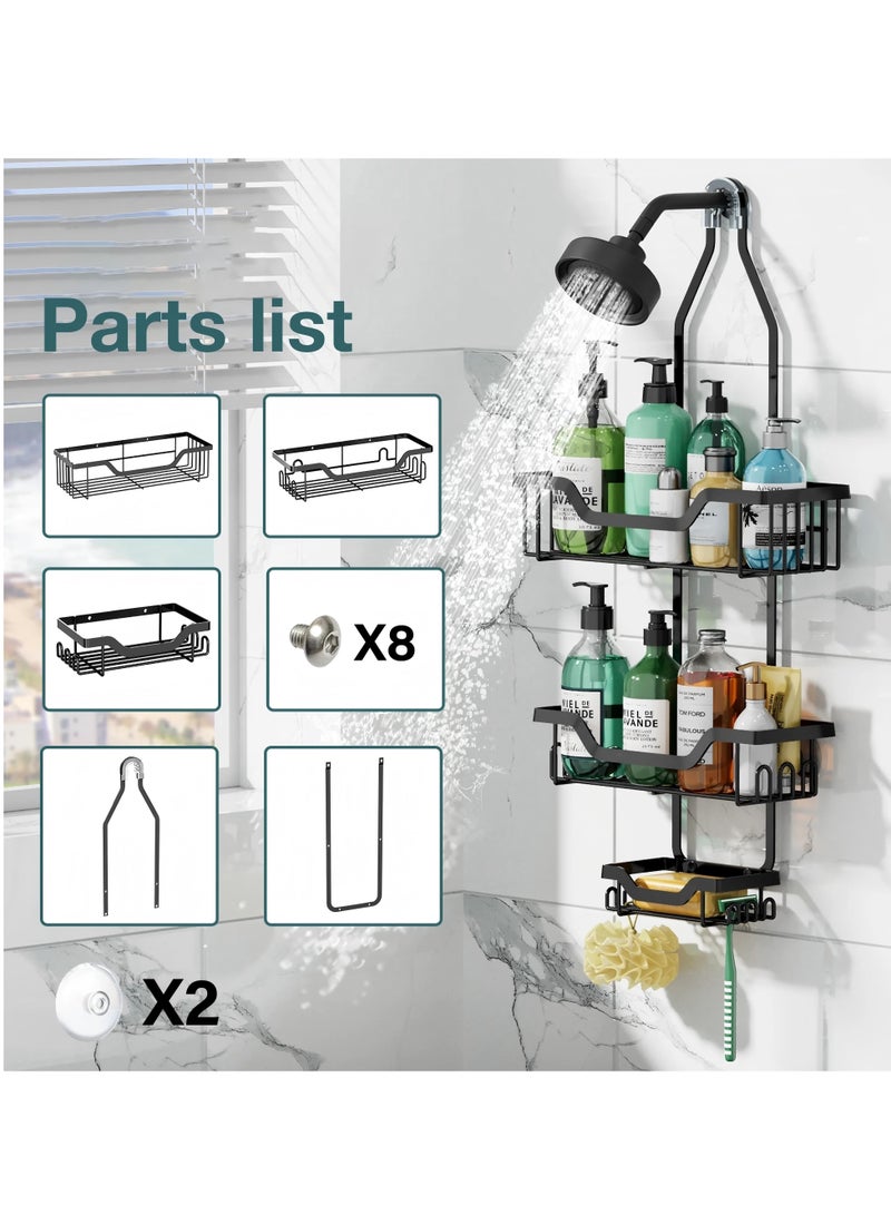Hanging Shower Caddy, Anti-Swing Shower Organizer with 10 Hooks, Stainless Steel Shower Shelves, over the Shower Head Bathroom Storage (Matte Black) - Image 5