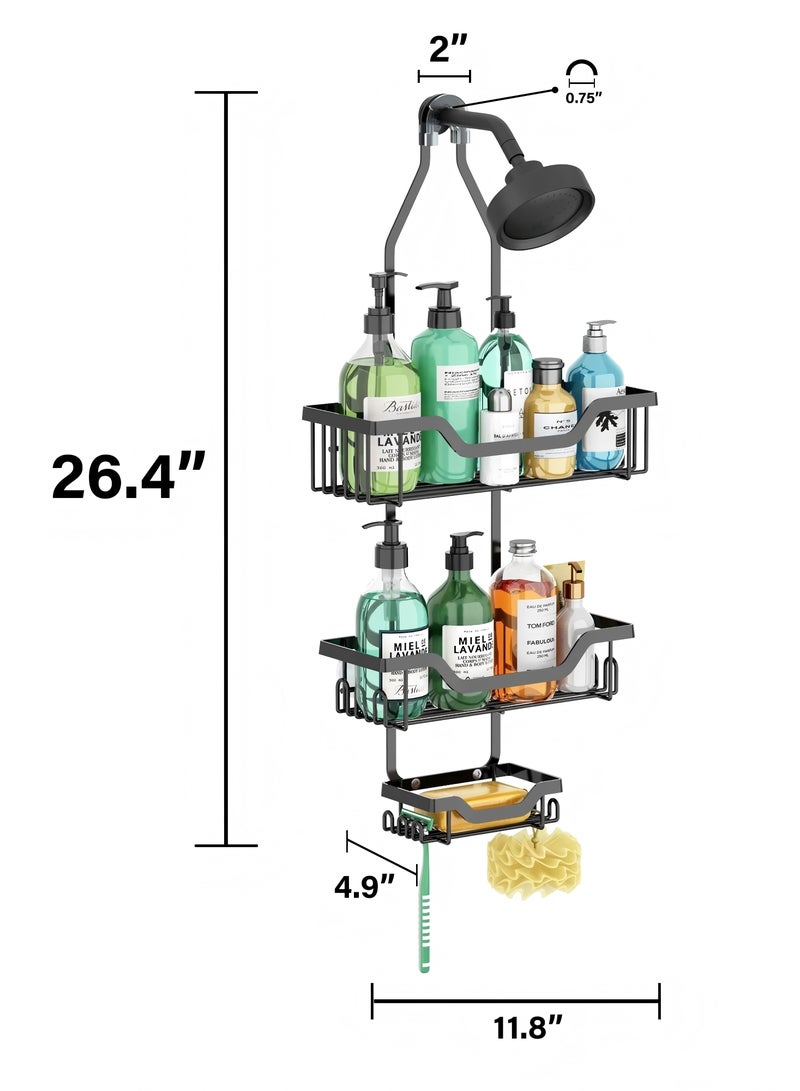 Hanging Shower Caddy, Anti-Swing Shower Organizer with 10 Hooks, Stainless Steel Shower Shelves, over the Shower Head Bathroom Storage (Matte Black) - Image 3